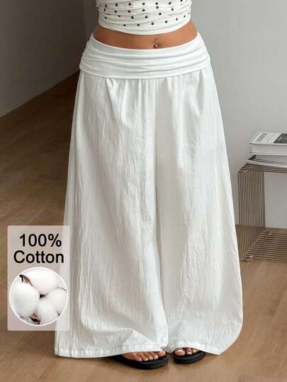 Coolane Women's Plus Size Summer Country Concert Going Out Beach Outfits Boho Basic 100%Cotton White Pants Curved Hem Pants Plus Size Mid-Waist Pants With Slimming Effect Oversized Inclusive Sizing Pant
