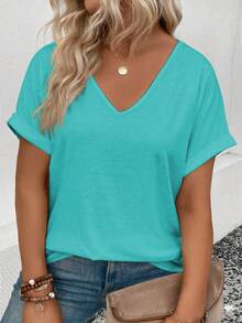 EMERY ROSE Camiseta versátil de manga corta con cuello en V y puños vueltos, de talla grande, para mujer, para primavera/verano - Azul - Ver 1