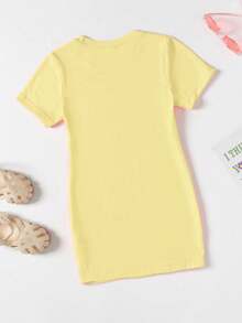 SHEIN Elladie kids 少女夏季休閒水果檸檬圖案字母印花短袖T恤洋裝，時尚創意個性化極簡舒適日常穿搭 - 黃色 - 查看 2