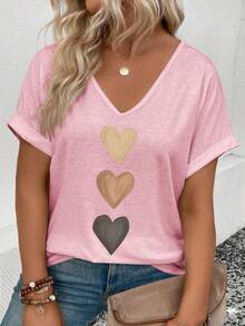 Selamara Camiseta casual y versátil de mujer con cuello en V, puños vueltos y estampado de corazón degradado, para primavera/verano - Rosa - Ver 1