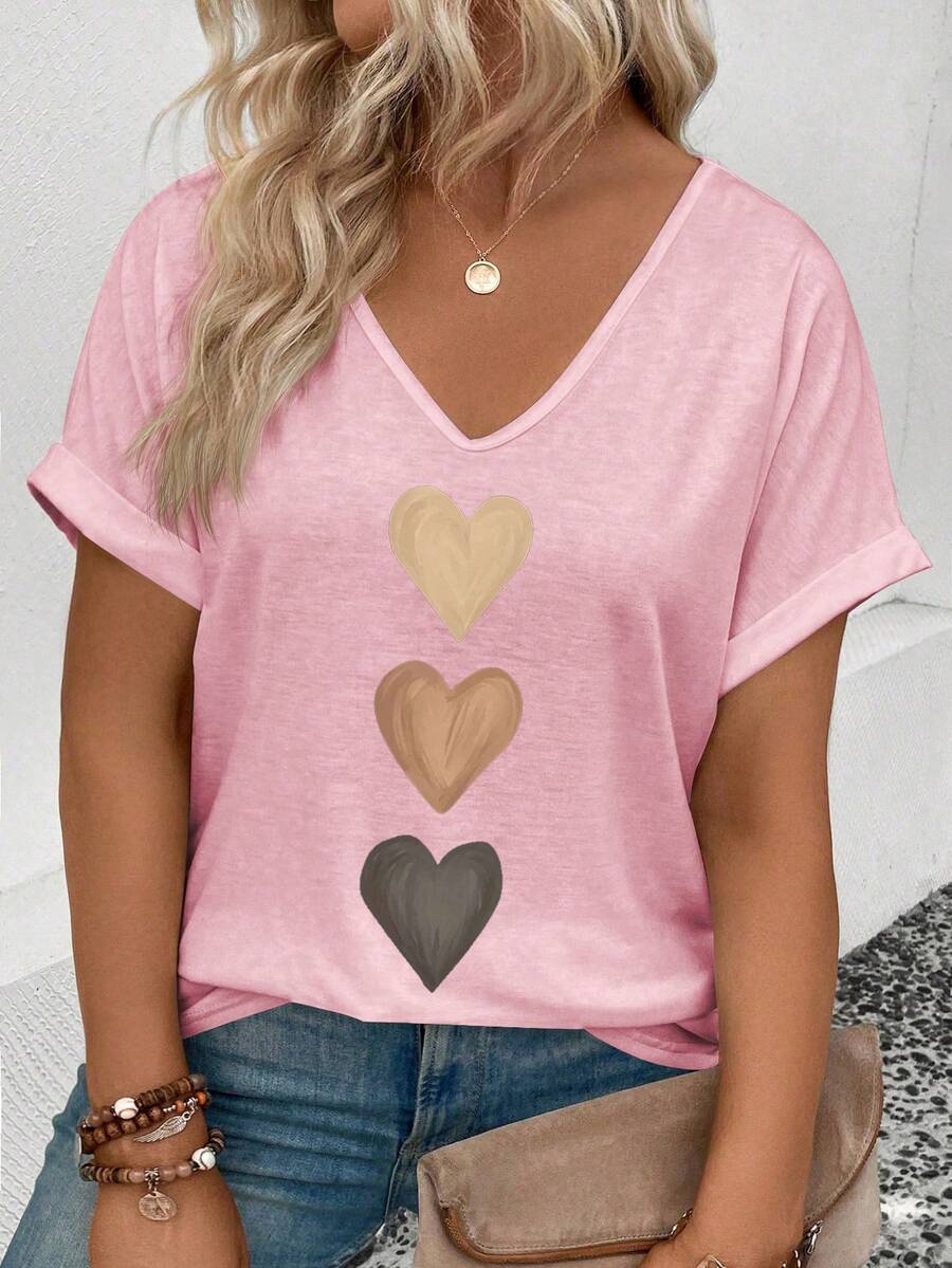 Selamara Camiseta casual y versátil de mujer con cuello en V, puños vueltos y estampado de corazón degradado, para primavera/verano - Rosa - Ver 1