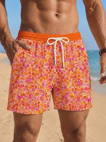 SHEIN Men's Ditsy Floral Print Waistband Contrast Color Block Short Beach Shorts, Suitable For Island Travel, Couple Dates, Family Outings, Hawaii Vacation - Multicolor - View 4