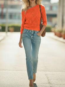 EMERY ROSE New Arrival All Season Loose Fit Crew Neck Raglan Sleeve Ribbed Cuff & Hem Hollow Out Pattern Casual Women Pullover Sweater - Burnt Orange - View 3