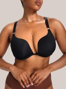 Plus Size Minimalist Underwire Bra, Sexy Deep V Lingerie Bra, Single Piece - Black - View 7