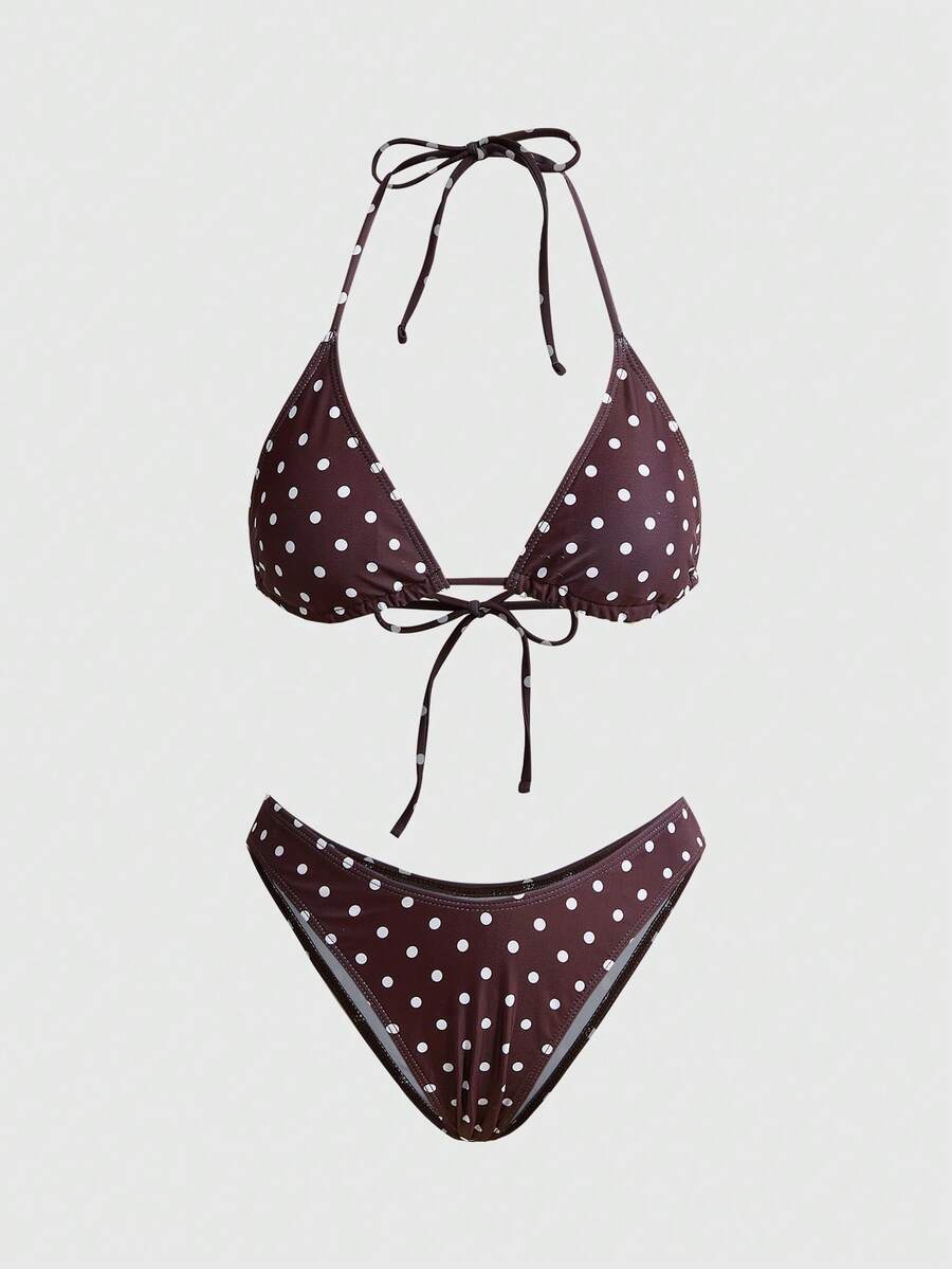 ROMWE Avant Bộ bikini PEPPERMOLLY mới, mềm mại, có đệm mút, họa tiết chấm bi xanh trắng, dây mảnh, hở lưng, gợi cảm, thích hợp cho các bữa tiệc mùa hè, đi biển, nghỉ mát dành cho nữ. - Trắng nâu - Xem 1