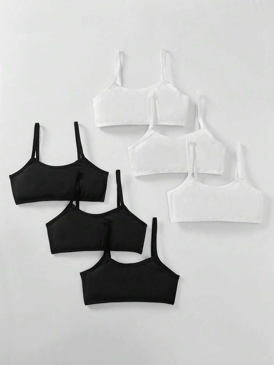 SHEIN Girlism 6 件/套 Tween 女童简约舒适无钢圈无衬垫细肩带纯色吊带内衣 - 黑與白 - 查看 1