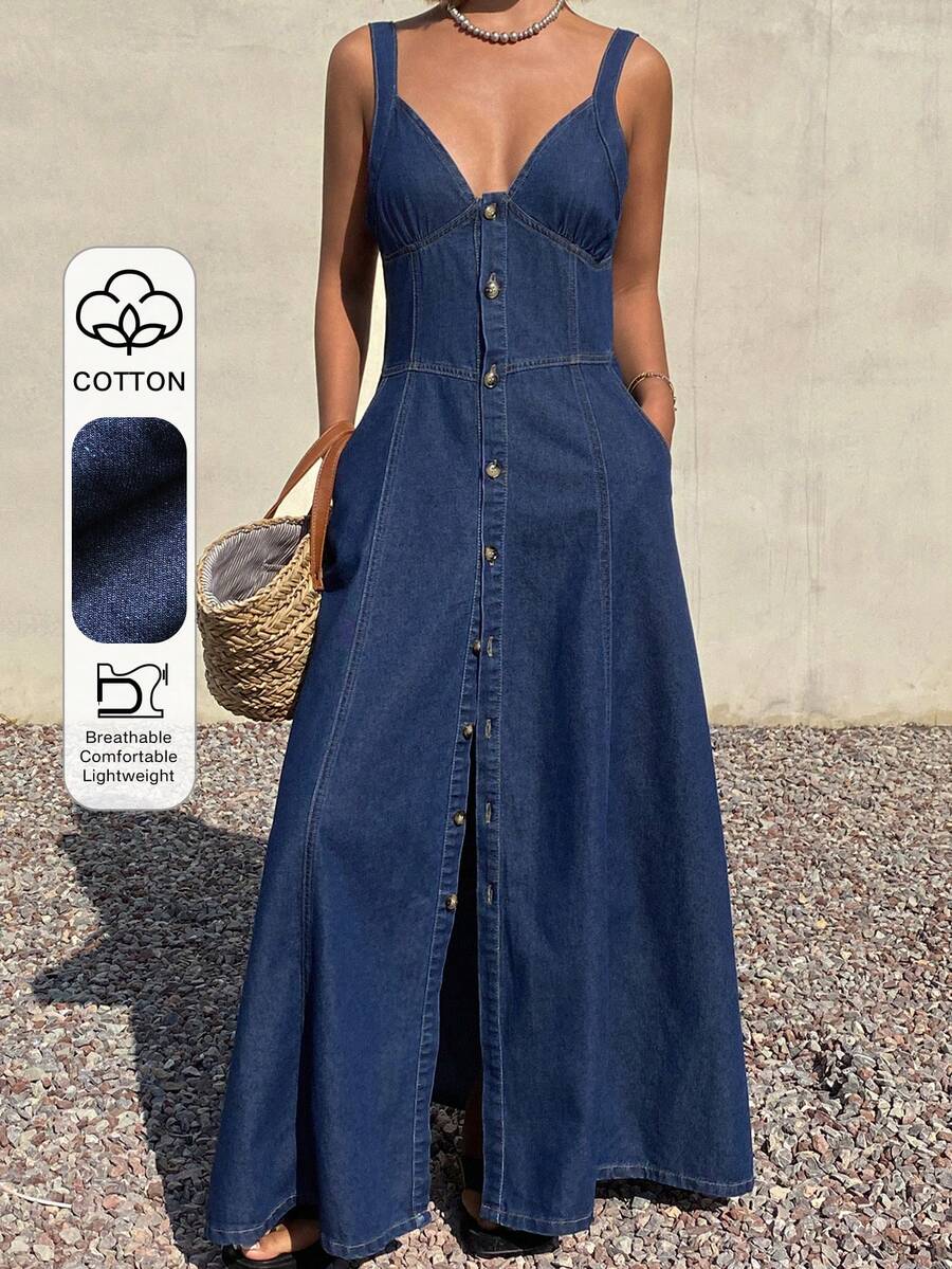Livesso Đầm denim nữ màu xanh hải quân, dây mảnh, cổ chữ V, thắt eo, chất liệu cotton, kiểu dáng thường ngày, thích hợp cho mùa xuân và hè. - Màu xanh hải quân - Xem 1