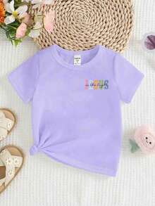 Girls' Casual Colorful Floral & Cross Graphic Tee, Comfortable Daily Wear For Spring, Summer & Autumn - Purple - View 2