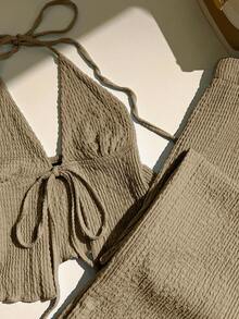 Elamini Textured Fabric Pleated Halter Loose Wide Leg Pants Set Brown Bralette Top Beach - Brown - View 3