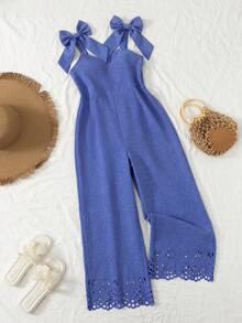 SHEIN Sparklyn Bộ áo liền quần không tay mềm mại, họa tiết hoa cho bé gái tuổi teen, kiểu dáng thường ngày, có nơ trang trí có thể tháo rời, ống quần thẳng, thích hợp cho mùa hè. - Màu xanh lam - Xem 1