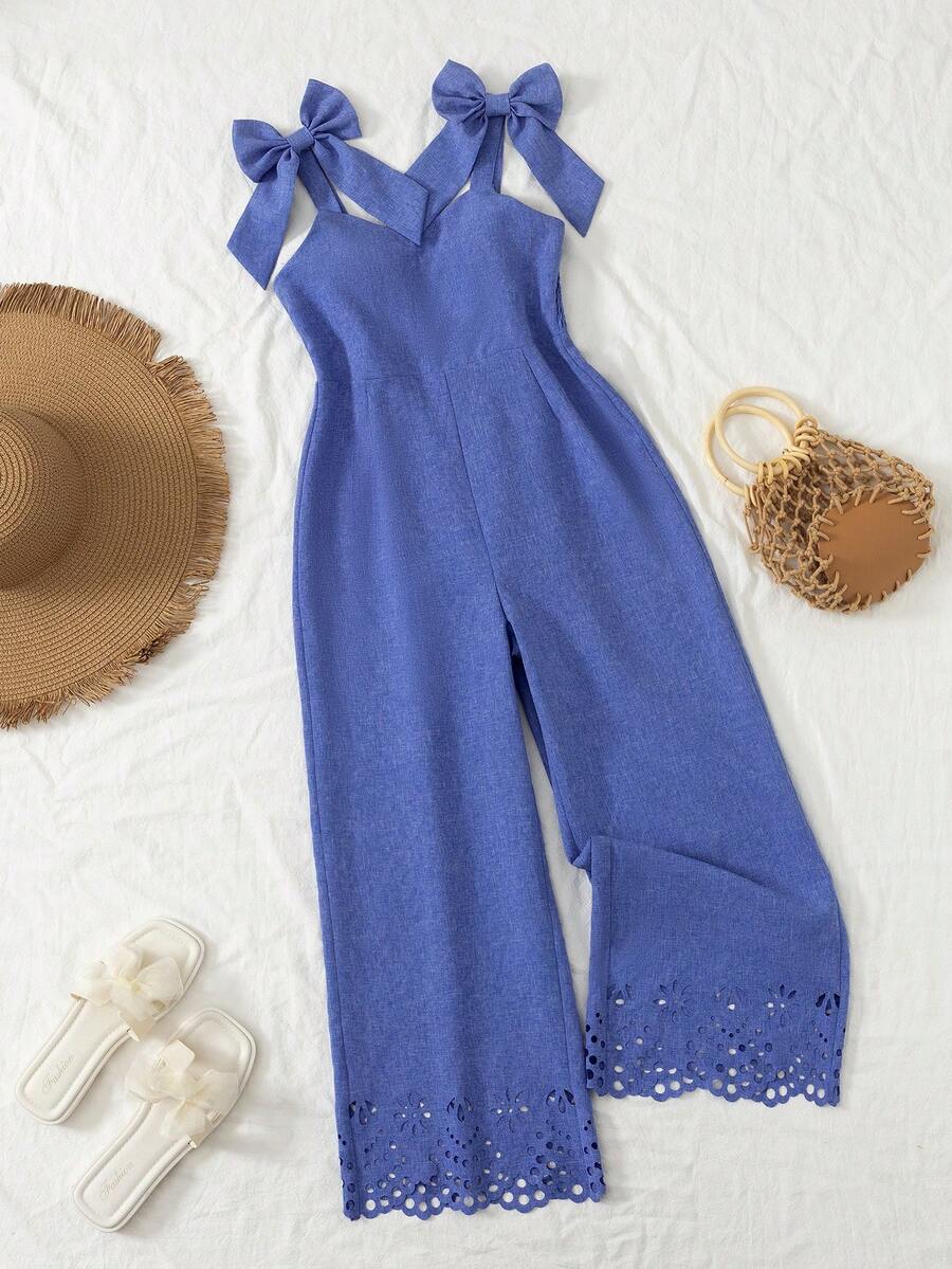SHEIN Sparklyn Bộ áo liền quần không tay mềm mại, họa tiết hoa cho bé gái tuổi teen, kiểu dáng thường ngày, có nơ trang trí có thể tháo rời, ống quần thẳng, thích hợp cho mùa hè. - Màu xanh lam - Xem 1