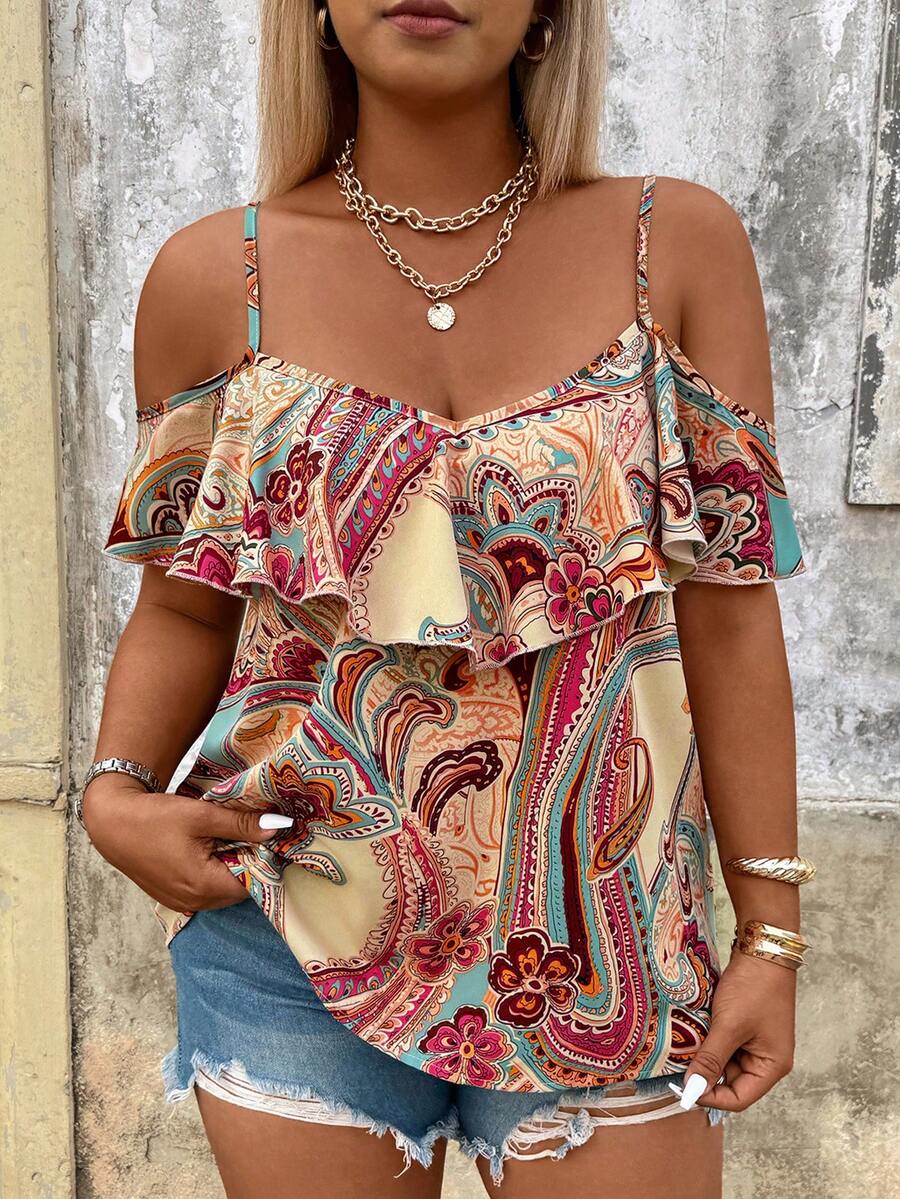 Breezaya Camisa estampada para mujer de talla grande, adecuada para citas, vacaciones románticas, uso diario casual, moda versátil, primavera/verano - Multicolor - Ver 1