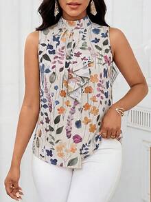 SHEIN Lady Áo kiểu nữ thanh lịch không tay, họa tiết hoa, viền bèo nhún, thích hợp cho mùa hè. - Nhiều màu - Xem 1