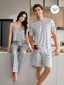 Bộ đồ ngủ nam tay ngắn và quần short in họa tiết chấm bi - Xám - Xem 1