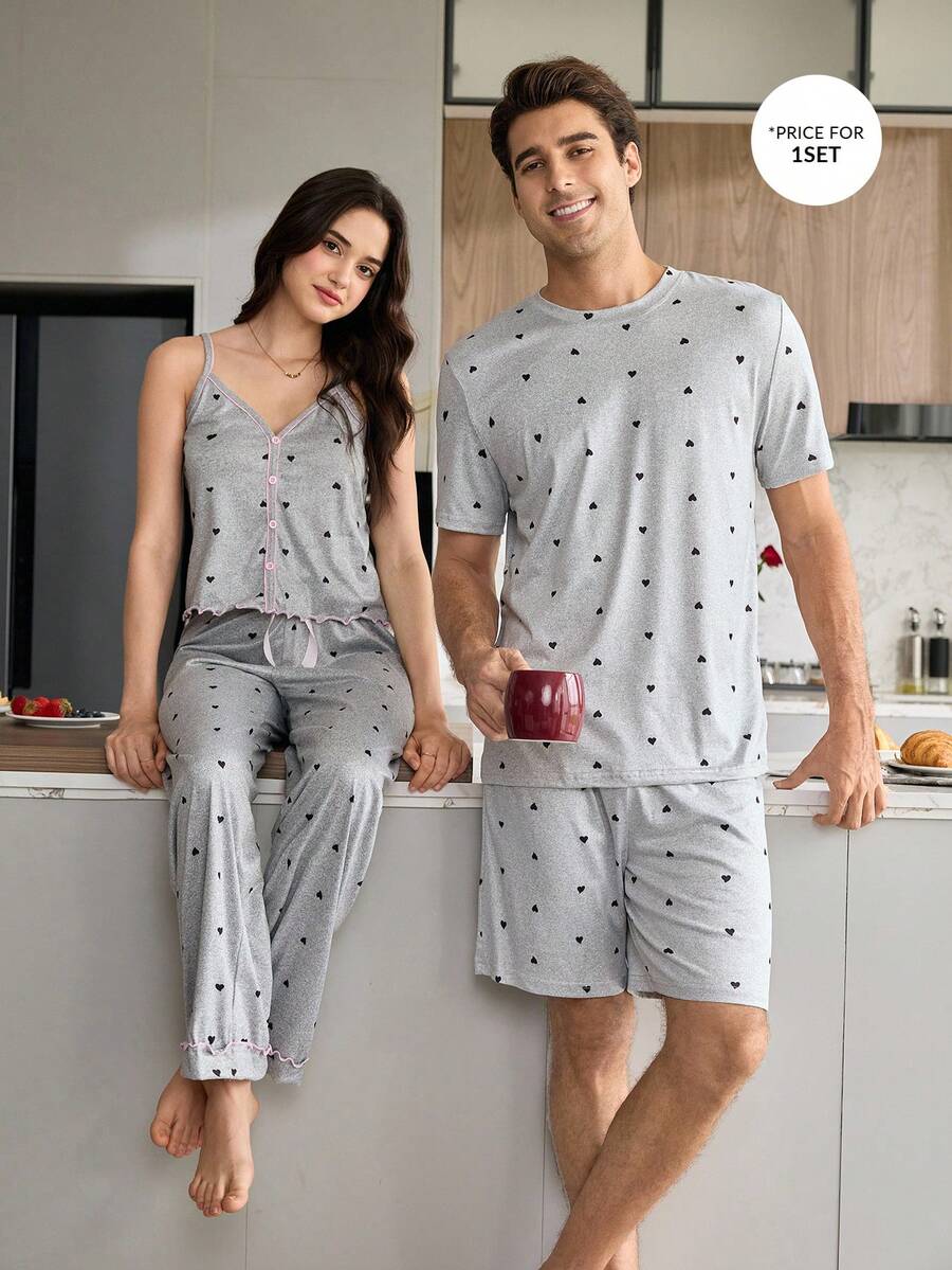 Bộ đồ ngủ nam tay ngắn và quần short in họa tiết chấm bi - Xám - Xem 1