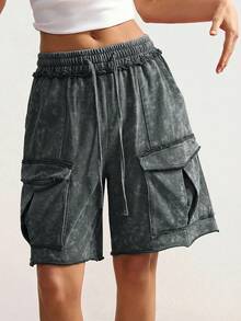 Bohemela Boho Casual Vacation Women's Solid Color Drawstring Waist Shorts Beach Grey Summer - Army Green - View 5