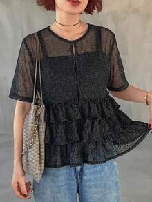 FRIFUL Women's Open Front Round Neck Sheer Silky Layered Ruffle Hem Mesh Splice Loose Short Sleeve Blouse - Black - View 1