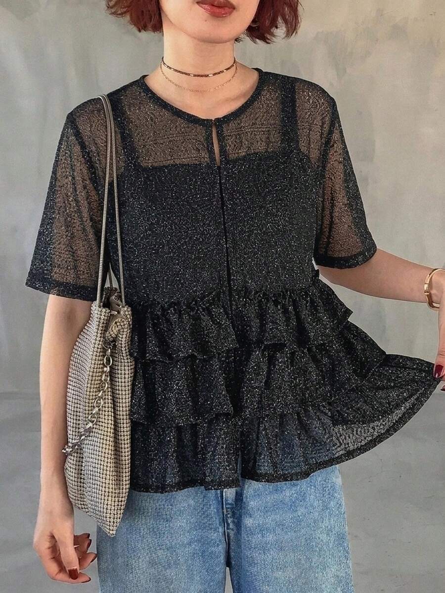 FRIFUL Women's Open Front Round Neck Sheer Silky Layered Ruffle Hem Mesh Splice Loose Short Sleeve Blouse - Black - View 1