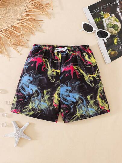 Tween Boys' Casual Loose Printed Beach Shorts, Suitable For Summer, Beach, Outdoor, Swimming