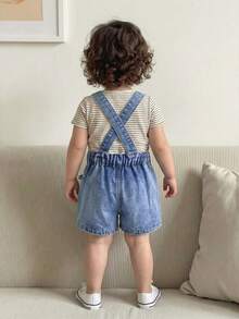 SHEIN Young Girls Denim Bib Pants And Jumpsuit New Casual Fashion Pleated Skort Design Sweet School Style Light Blue Denim Jumpsuit Shorts - Blue - View 5