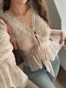 DAZY Floral Contrast Lace Deep V Neck Long Sleeve Tie Ruffle Hem Casual Vacation Summer Blouse For Women Going Out Tops School - Apricot - View 5