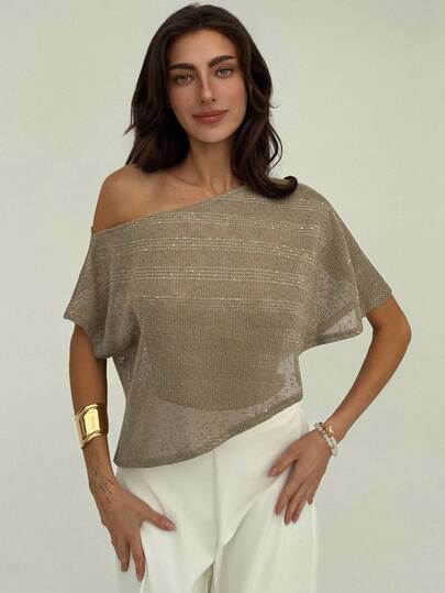 SHEIN PETITE CURVE Plus Size Women's Khaki Asymmetric Cold-Shoulder Top, Suitable For Wedding Guest, Bride, Mother Of The Bride, Wedding Party, Formal Occasions, Special Events, Beach Vacation, Street Sequin Cold-Shoulder Blouse, Elegant, Fashionable, Dignified, Suitable For Summer, Daily Commute, Dating, Party, Christmas, New Year, Thanksgiving, Party, Wedding, Beach, Graduation Ceremony, Fashion, Elegant, Casual, Outing, Dating, Reservation, Commuting, Shiny, Valentine's Day, Elegant, Vacation, Casual, Y2K, Outing, Graduation Ceremony And Other Occasions.