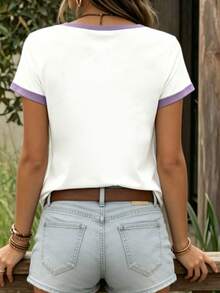EMERY ROSE Brown Pattern Round Neck Short Sleeve Casual Loose Fit Plus Size T-Shirt Gym Summer - Multicolor - View 2