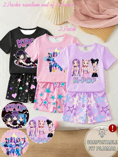 [3 Bộ Ngẫu Nhiên, 1 Bộ Gửi] Bộ Đồ Ngủ Bé Gái, Mùa Xuân/Hè Mới Thời Trang Hình Hoạt Hình K-POP Dễ Thương, Vải Dệt Kim Co Giãn Cao Cấp, Tay Ngắn và Quần Đùi, Bộ Đồ Ngủ 2 Mảnh (Giao Hàng Ngẫu Nhiên)