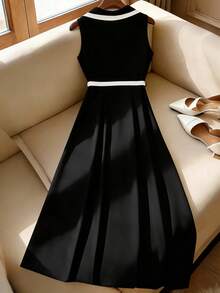Vestido midi elegante y retro de mujer con cintura ajustada, cuello de solapa y botones, color albaricoque/negro, para uso diario y formal, primavera/verano - Multicolor 3 - Ver 2