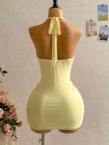 Soleia Plus Size Women's Vacation Spring/Summer Casual Dress, Sexy V-Neck Tie Halter Bowknot Ruched Mini Dress - Yellow - View 3