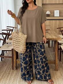 SHEIN CURVE+ 2pcs Plus Size Women Vacation Loose Shirt And Ditsy Floral Pants Set - Multicolor - View 5