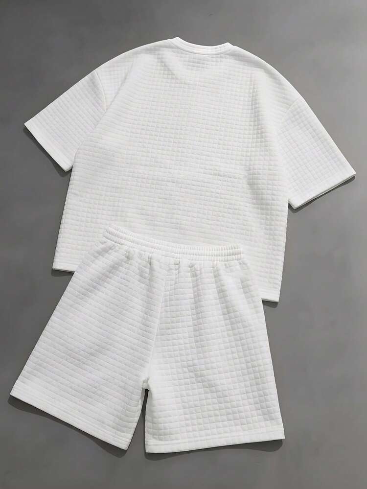 Herren Waffel-Struktur Zweiteiler Set mit kurzärmelligem Rundhals T-Shirt und passender Shorts mit Gummibund, Sommer Lässig Outfit
