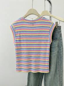 SHEIN Teen Girls Striped Round Neck Short Sleeve Casual T-Shirt, Minimalist Leisure Wear For Home Mothers Day Outfit Graduation Summer Tops Suitable For Spring & Summer Daily, Outing, Vacation, Holiday Wear, Stylish Girls, Casual Wear, New Style, Homecoming, Chill Vibe Outfits, Back To School, Girly Style T Shirt - Multicolor - View 2