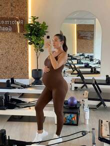 SHEIN 孕妇休闲纯色连体裤 - 咖啡棕 - 查看 1