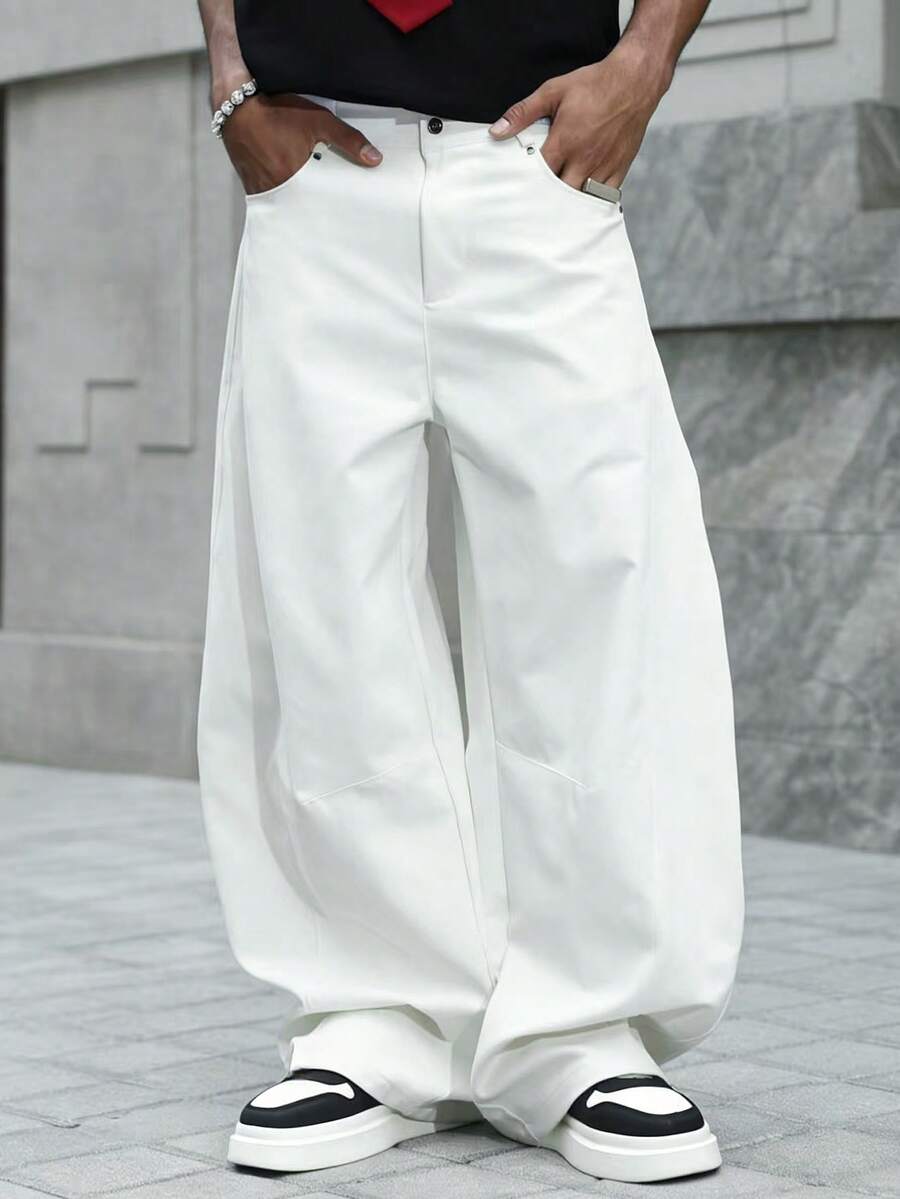 Manfinity Roghcode Men's Minimalist Solid Color Slant Pocket Casual Wide Leg Pants Wide Leg - White - View 1