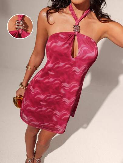 Optris Wine Red Mesh Tie-Dye Metal Snake Decor Print Hollow-Out Halter Backless Cinched Waist A-Line Mini Dress, Elegant For Summer Vacation, Beach, Party, Romantic Outing, Daily Casual Wear,Summer Holiday Outfits,Formal Dress, Women's Social Outfits,Festival Outfits,Party Dress,Beach Outfit For Women,Wedding Party Dress,City Dressing,Boho Style,Vacation From Day To Night Pink Dress Halter Neck Dress Metal Snake Dress Wave Print Dress Backless Dress