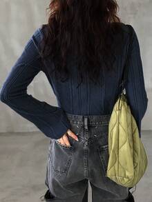 FRIFUL Women Casual Solid Color Cross Strap Long Sleeve Fitted T-Shirt,Fall Women Clothes - Navy Blue - View 2