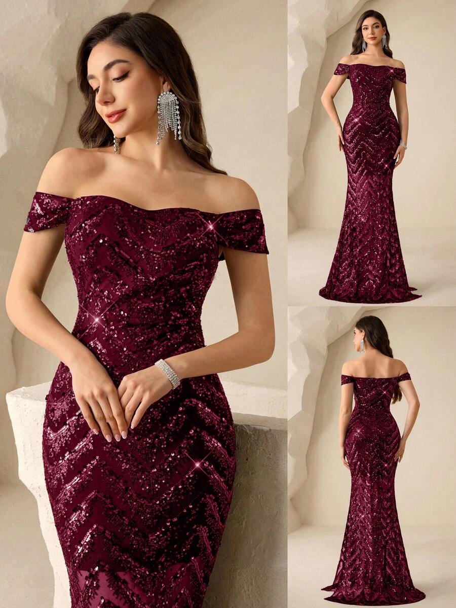 Coutiva Đầm dạ hội nữ thanh lịch đính sequin, trễ vai, xẻ tà đuôi cá, thích hợp cho các bữa tiệc. - Màu Đỏ Sâu - Xem 1