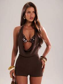 SHEIN BAE 女士性感露背串珠拼接垂褶领连体裤，适合海滩度假、派对、约会、音乐节、休闲外出等场合。 - 棕色 - 查看 3