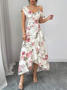 Vestido largo floral asimetrico de mujer con hombros descubiertos y bajo irregular con volantes - Albaricoque - Ver 6