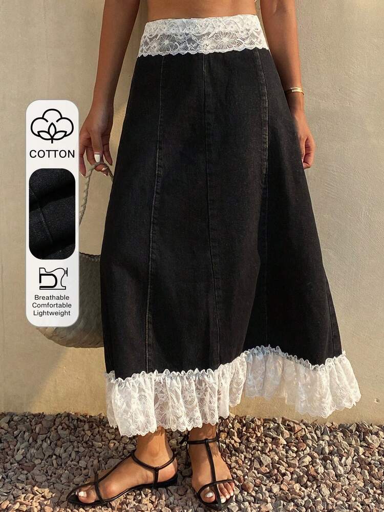 Elegant Party Cotton Lace Patchwork Flared Contrast Color Denim Skirt, Spring & Summer