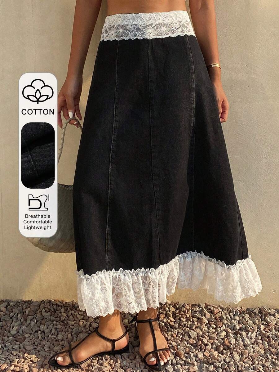 DAZY Chân váy denim xòe phối ren cotton thanh lịch, thích hợp cho các bữa tiệc mùa xuân và hè. - Rửa tối - Xem 1