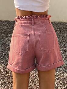 Spring & Summer Casual Frill Trim Pink Cotton Women's Denim Shorts - Pink - View 2