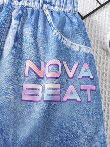 少女仿牛仔纹理+动漫少女图案印花A字喇叭裙，适合日常休闲穿着 - 藍色 - 查看 5