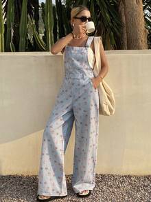 Livesso Bộ jumpsuit denim ôm dáng họa tiết hoa nhí màu xanh dương, thích hợp cho trang phục đi nghỉ mát mùa xuân và hè. - Màu xanh lam - Xem 4