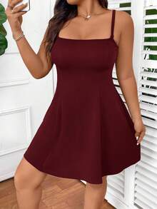 SHEIN EZwear Plus Size Summer Simple Square Neck Sleeveless Dress, Graduation Dress, Burgundy - Burgundy - View 4