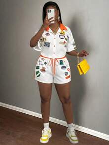 Slaydiva 女士休闲街头风卡通印花修身口袋两件套，春夏款 - 橘色 - 查看 5