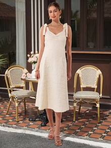 Momance 无袖系腰提花面料A字优雅浪漫孕妇连衣裙 - 杏色 - 查看 5