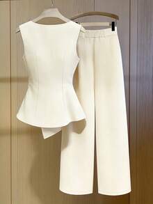 Franclia 杏色无袖上衣和阔腿裤套装，收腰显瘦通勤OL两件套 - 杏色 - 查看 2