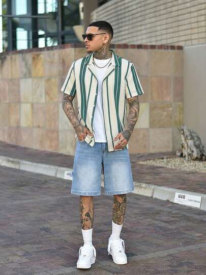 Devon Thys 2025 男士舒适休闲度假条纹拼色短袖衬衫，春夏